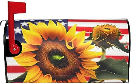 Sunflower and American Flag Print Personalized Mailbox Cover Magnetic Protector with Artistic Print Outdoor Mailboxes Decor