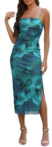 Adigaber Women's Mesh Dress Spaghetti Strap Printed Side Slit Fitted Maxi Dress Blue