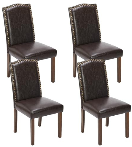 Sweetcripy Esszimmerstühle 4er-Set, Hochwertige gepolsterte Leder-Esszimmerstühle mit Nagelkopfverzierung und Holzbeinen, Esszimmerstuhl für Schlafzimmer, Wohnzimmer, Esszimmer, Braun