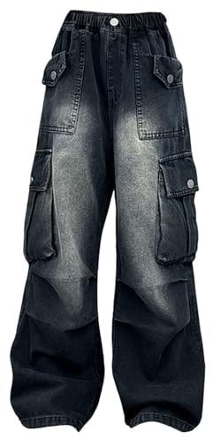 Pantalon Cargo Baggy pour Filles Jeans Streetwear Élastique à Taille Haute et à Jambes Larges Denim Pantalon Large Design avec Poches (Black, 13-14 Years)