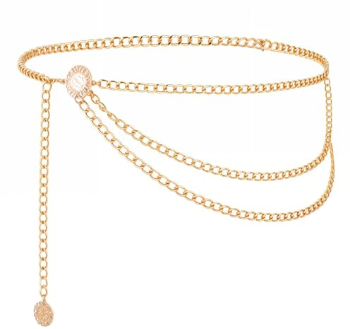 Andibro Multilayer Metal Waist Chain Belt for Women, Adjustable Fashion Gold Body Jewelry for Dresses Jeans