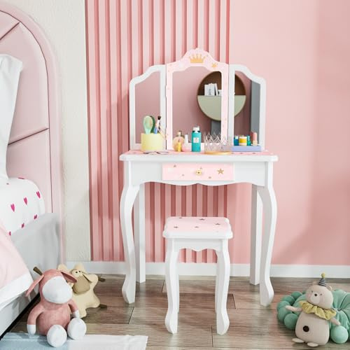 Bonnlo Ensemble Coiffeuse Enfant Fille avec Miroir à Trois Volets, Bureau 2 en 1 Idéal pour Chambre d'enfant, Dimensions 60 x 30 x 98 cm