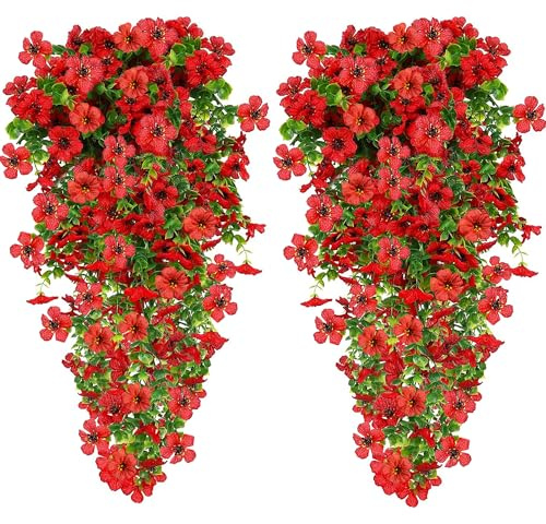 Flores Artificiales Exteriores, 4 Piezas 77cm Artificiales Colgantes Seda Flores, A Los Rayos UV Resistentes Plantas para Jardines Paredes, Bodas, Terraza, Interiores y Exteriores Decoración (Rojo