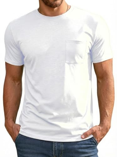 Runcati T-shirt d'été à manches courtes pour homme - Col rond - Coupe droite - Uni - Basique - Décontracté - Gym - Sport - Avec poche de poitrine