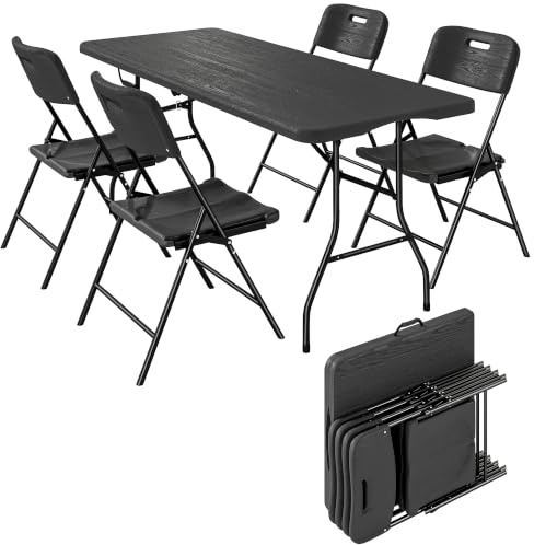 Outsunny Conjunto de Camping Plegable de 5 Piezas 180x74x74 cm Negro | Mesa y Sillas Camping, Incluye 1 Mesa y 4 Sillas, Tapa Impermeable HDPE, Estructura de Metal, Acampadas Jardín Pícnic