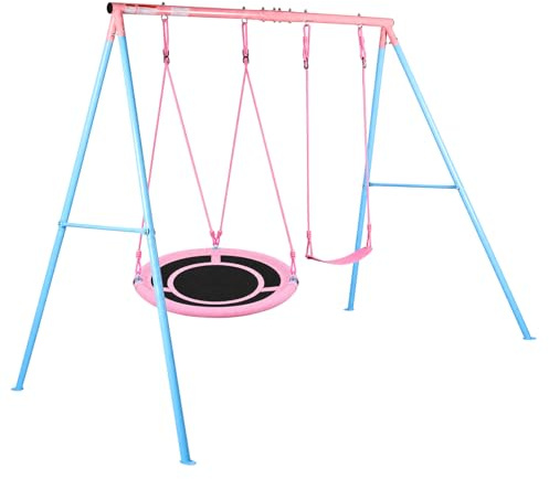 HLC Garden Swing Set with Nest & Curved Seat, Sturdy Steel A-Frame Kit Pink