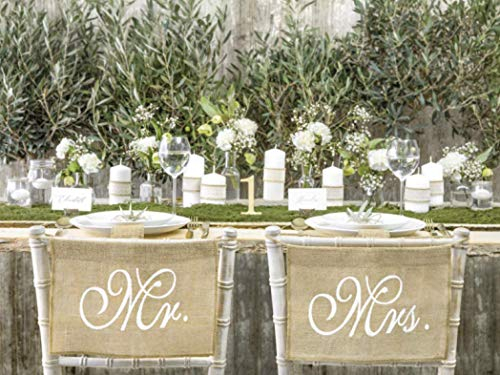 PartyDeco Stuhl Aufhänger- Mr Mrs Banner- Stuhl Dekoration- Inschriften für Braut und Bräutigam- Jute weiß gedruckt Dekoration- Rustikale Boho Hochzeit Dekoration- Braut und Bräutigam