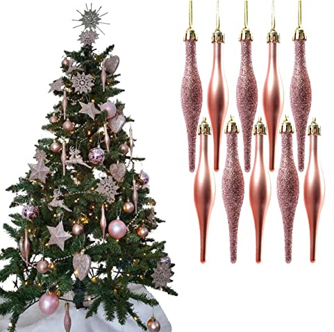 Simply Products 10 boules en forme de goutte - Magnifique décoration de sapin de Noël - Boules en forme de stalactite mates et scintillantes (Glitter rosé doré et mat)