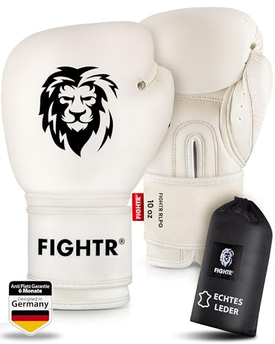 FIGHTR® Professionella boxhandskar av äkta läder | Män och kvinnor | för boxning, MMA, muay Thai, kickboxning och kampsport 10 12 14 16 oz | inkl. bärväska (off white, 40 ml)