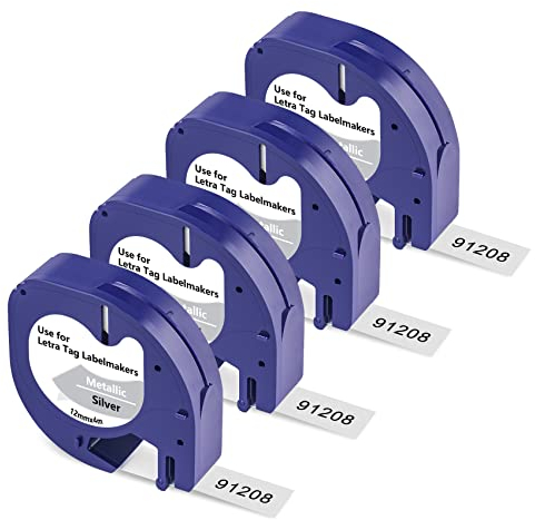 BOYEEZON 4-Pack Kompatibel für Dymo Letratag Plastic Silver 12mm x 4m 91228 Etikettenband für Plastik Schriftband für Dymo LetraTag LT-200B, Schwarz auf Silber