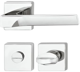 Gedotec Door Handle Set Made of Metal, 1 Piece Rosette Fitting, Square Including Mounting Material, LDH 3205, Door Handle Polished Chrome, Door Fitting for All Doors, Deadlock, Profile Cylinder,