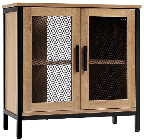 eSituro Meuble sous Lavabo/Vasque, Armoire de Salle de Bain, 2 Compartiments, Porte en Treillis Métallique, en Bois d'Ingénierie, 60x60x30 cm, Chêne Clair+Noir