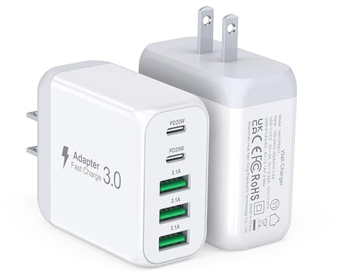USB C Wall Charger Block, 2Pack 50W 5-Port C Charger Fast Charging Block PD Power Adapter +QC 3.0 Multiport Type C Box Brick Cube USB A Wall Plug for iPhone 15/16/17 Pro Max Plus, iPad,Samsung Galaxy