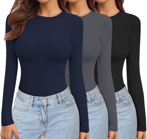 Ekouaer Dam 3-pack långärmade toppar rund hals termiska skjortor set stretch anpassade underscrubs lager t-shirt XS-XXL, Svart + Mörkgrå + Marinblå, S