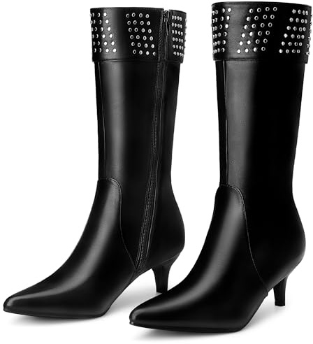 Allegra K Botas de media pantorrilla con tacón de gatito puntiagudo para mujer, Black, 39.5 EU