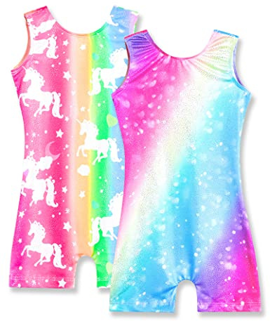 Nymphperi Girls Gymnastics Leottards Size 5-6 Years Old Shiny Unicorn Biketards Sparkle Soft Rainbow Blue Unitards for Children Party