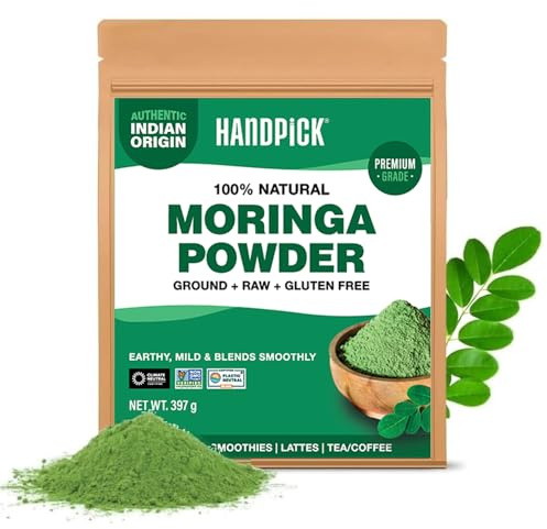 HANDPICK Polvere di Foglie di Moringa | 397g Busta Richiudibile | 100 % Moringa Oleifera Pura | Senza Glutine e Non OGM | Per Frullati, Tè e Ricette | Provenienza Sostenibile