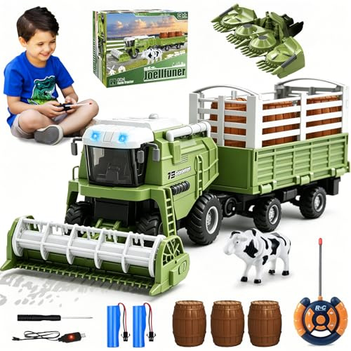 Joellfuner Mietitrebbia Telecomandata, 2,4 GHz RC Trattore Giocattolo, 2 in 1 Simulazione Mietitrebbia e Trasportatore, con Rimorchio Mucca, Batteria Litio, per Bambini Unisex 3-12 Anni