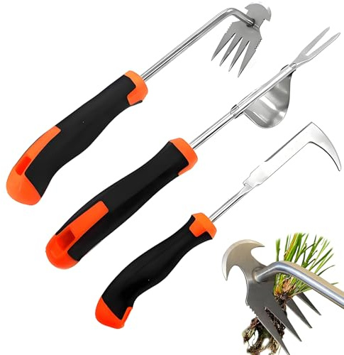 Set di 3 diserbanti in acciaio inox, per rimuovere erbacce, dente di leone, raschietto, taglia-radici, strumento da giardino con manico per diserbo, trapianto, allentamento del terreno, rastrello per