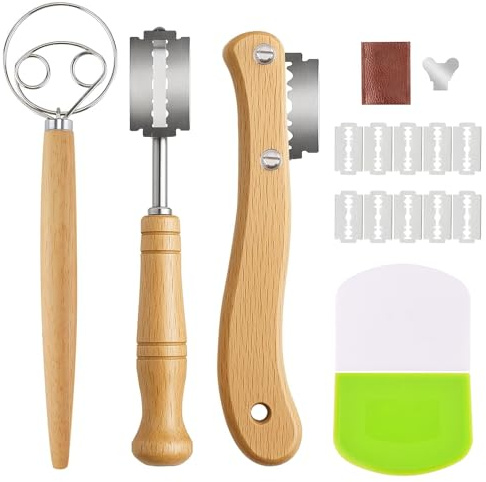 YUDAWN Bäckermesser, 2 Teiliges Teigmesser für Gerade und Geschwungene Schnitte Brot Backen Zubehör Brotbackzubehör Brot Ritzmesser mit 10 Rasierklinge und Lederschutzhülle
