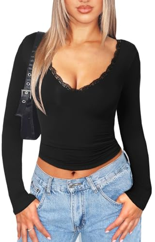 Navneet Women Lace Trim Going Out Tops Sexy V Neck Long Sleeve Tops | Low Cut Basic Tops, Night Out Clubbing Tops, Rave Festival Outfits, Spring Fall Outfits