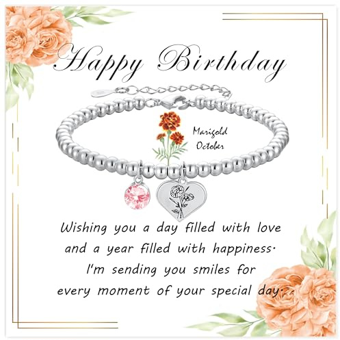 Halora Silver Bracelet for Women, 925 Sterling Silver Birthflower Bracelets October Birthstone Bracelet Friendship Jewellery Birthday Gifts for Mum Sisters Her