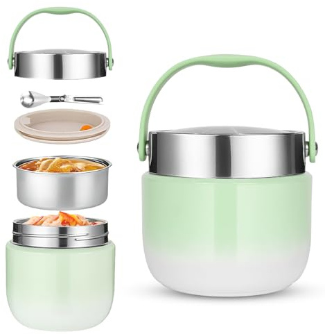 DUBUOZA Thermo Isolant Contenant 1200ml avec Cuillère Pliante Boîtes Alimentaires Isothermes pour Conserver le Porridge,la Soupe, les Fruits, les Yaourts et les Déjeuners (Vert)
