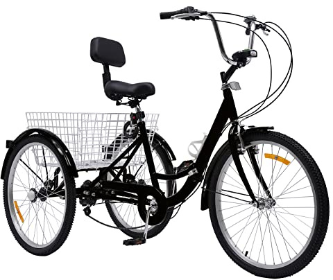 HIKUUER 24 tum 7-växlad trehjuling för vuxna trehjuling cykel hög kolstål höjd justerbar lastcykel med korg och vattenkoppshållare svart