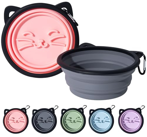 2 cuencos de silicona plegables para perros, bonitos gatos con diseño de barba, para viajes, senderismo, camping y caminatas (rosa y gris)
