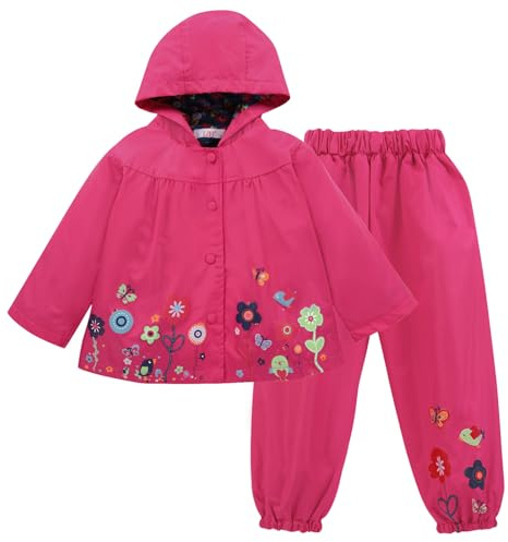 LZH Bambino Impermeabile Ragazza Pioggia Giacca con Cappuccio + Pantaloni Set,Magenta,1-2 anni （90）