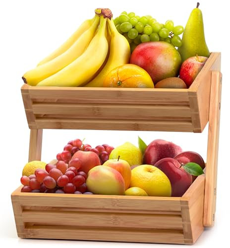 Golden Nature Fruit Basket - 2-Tier Bamboo Fruit & Vegetable Storage Organiser for Kitchen Counter - Lightweight & Easy Assembly - Countertop Stand Holder Bowl with Included Screws