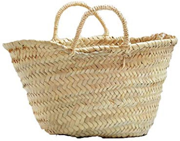 Capazo de Palma Básico, con asas corta de pita. Cesto o Bolso de mimbre para la playa, fibras naturales. (5V, aprox. 30x18 cm)