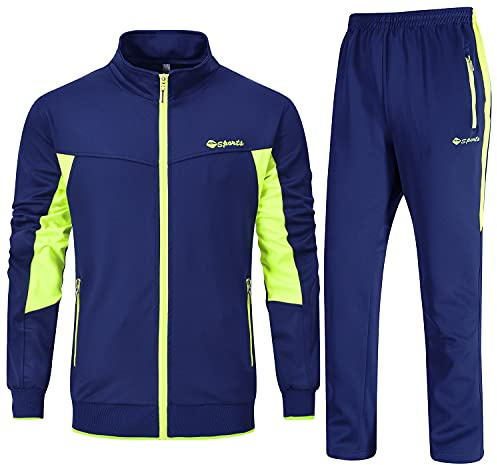 Rdruko Set di tute da uomo a contrasto con cerniera intera giacca sportiva casual joggers coulisse vita elasticizzata 2 pezzi con tasche con cerniera, Verde fluorescente e blu reale, M