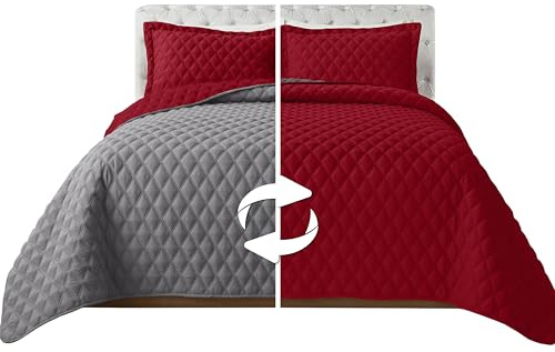 Elegant Comfort 3-Piece Quilted Reversible Bedspread Coverlet Set with Pillow Shams, Exquisite Diamond Stitching All Season Heavy Weight-Ultra Soft Premium Quilt- California King, Burgundy/Gray