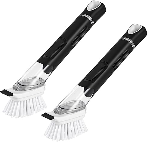 SUBEKYU Dish Brushes with Soap Dispenser, Kitchen Dish Scrubber Brushes with Handle, Dishwashing Cleaning Scrubbers for Dishes/Pans/Pots, Black, 2Pack