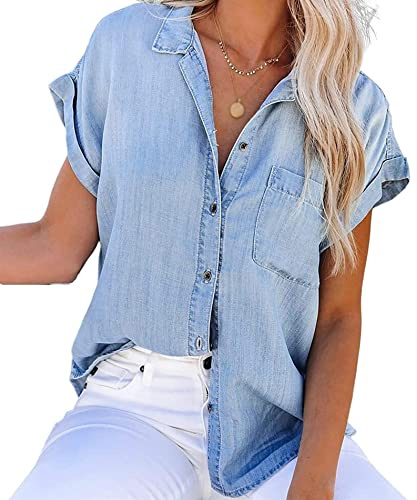 NLAVW Dam-sommar-jeansskjorta med knapprad, kortärmad, fritidsskjorta, topp, lös passform, jeansjacka, blus, matchande tunika blus