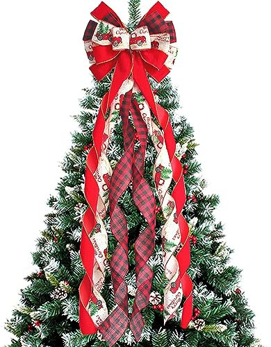 YankMooM Red Christmas Tree Topper Bow, 110 x 30cm Large Christmas Tree Bow for Christmas Tree Home Decoration