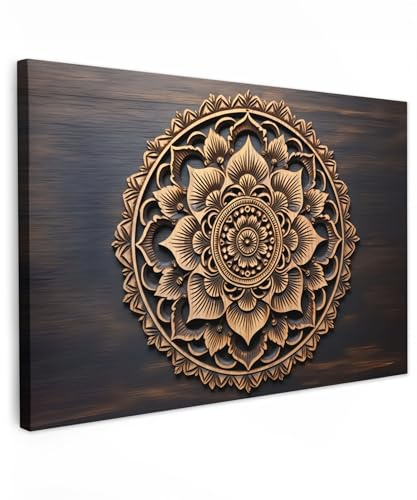 MuchoWow© Bild auf Leinwand Groß 120x80 cm XXL Schlafzimmer Bilder Wand Deko Wohnzimmer Modern Wanddeko Bilderwand Geschenk Mandala - Holz - Blumen - Braun