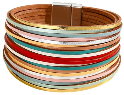 KunBead Colorful Sparkly Leather Wrap Bracelets for Women Handmade Braided Multilayer Magnetic Buckle Bracelet Wristband Cuff Bangle Boho Bohemian