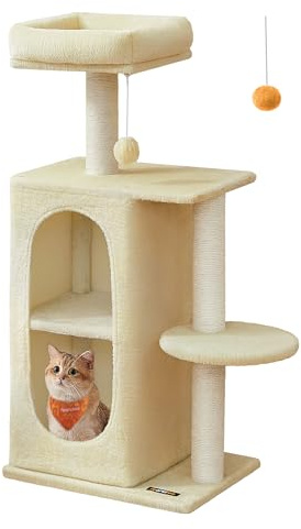 Feandrea Árbol para Gatos con 2 Cuevas, Rascador, para Casas con Varios Gatos, Gatitos, Beige Arena PCT005Y01