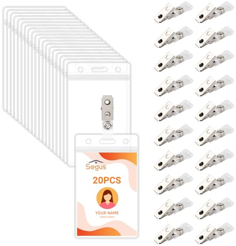 Segus Porta Tarjetas Colgante, 20 Piezas Funda Tarjeta Identificación con Clip de Metal, Transparente e Impermeable, para Profesores, Enfermeras y Estudiantes (Vertical)