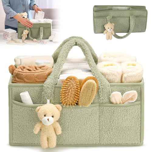 HOVCEH Organizador Pañales, Portátil Cesta Organizadora Bebe, Fieltro Organizador Bebe con Asa, Grande Pañales Bolso Para Bebés para Bebes Recien Nacidos de Viaje (Verde)