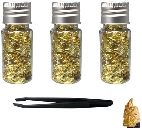 3 Bottiglie Foglia Oro Decorazione con Pinzetta, Foglia Oro Alimentare, Decorativi Film Carta Oro Imitazione, per Decorazioni Stampa a Caldo Artigianale, Manicure e Fai-Da-Te