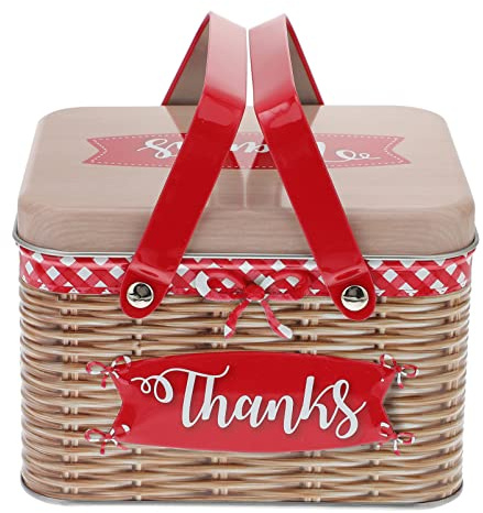Kichvoe 1pc Tin Candy Box, Creative Biscuit Jar, White Metal Candy Storage Box with Handle, Red, 6.1 x 5.0 x 4.2 Inches