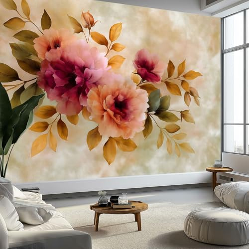 Fotomurales Planta Flor Peonía Elegancia Papel pintado mural 200 x 140 cm tejido no tejido, Arte Papel tapiz mural Crema Moderna Decoración De Pared Sala Oficina Salón