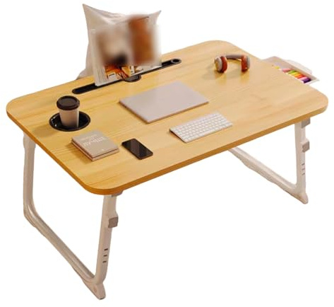 Bureau réglable pour ordinateur portable avec pieds pliables, fente pour tasse et support de livre, station de travail portable pour lit, canapé, terrasse, 70 x 48 cm (motif bûches)