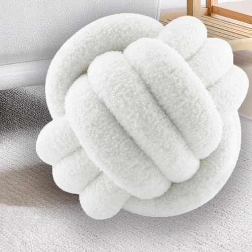 RTSFKFS Cojín de Bola de Nudo Suave, Almohadas Decorativas de Bola Circular de Bouclé de Lana de Cordero, Cojíns de Felpa Anudada Hermosa Y Cálida(Blanco,35cm/13.8)