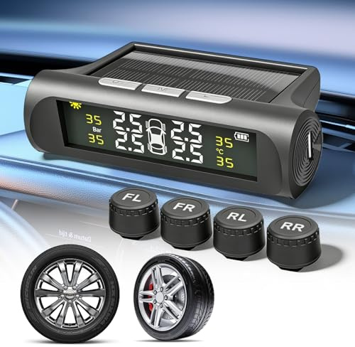 BAIFULAI TPMS Sistema de control de presión de neumáticos: IPX7 resistente al agua, sistema de control de presión de neumáticos con 4 sensores exteriores, digital alimentado por energía solar, mini