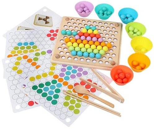 Neuytiky Giocattoli in Legno Perline Gioco, Giochi Montessori per Bambini, Giochi da Tavolo Puzzle Perline Arcobaleno,Gioco da Tavolo con Clip in Legno,Giochi Montessori Educativi 3 Anni