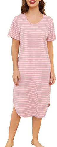 Sopesil Camicia da Notte Donna Manica Corta Camicia da Notte Estiva a Righe con Scollo Rotondo e Tasches Vestiti per Casa Donna Rosa Chiaro,3XL